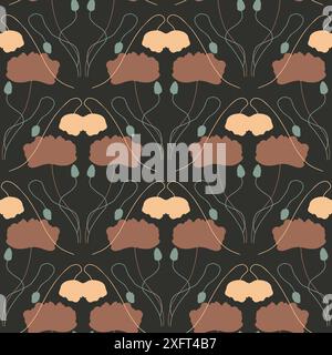 Motif sans couture avec des silhouettes brunes abstraites de fleurs de coquelicot sur noir Illustration de Vecteur