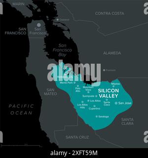 Silicon Valley, une région du nord de la Californie, carte politique sombre. Centre mondial de haute technologie et d'innovation aux États-Unis. Banque D'Images