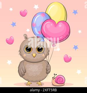 Chouette dessin animé avec ballons et escargot. Illustration vectorielle d'un animal sur un fond rose avec des coeurs et des étoiles. Illustration de Vecteur