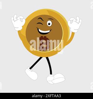 Bitcoin Crypto Currency Character Design Mascot, gestes de caractères bitcoin mignons. Illustrations vectorielles de crypto-monnaies. Mascottes d'or drôles de dessin animé Illustration de Vecteur