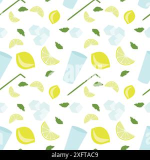 Illustration de modèle sans couture de boisson de limonade dessinée à la main. Fond de fruit de citron rétro avec verre, paille à boire, cubes de glace et tranches de citron. Vecteur V Illustration de Vecteur