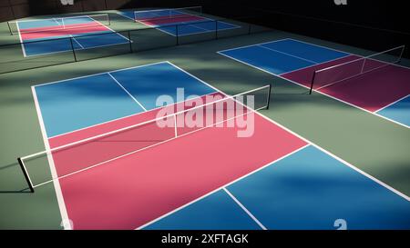 Terrains de pickleball vides, avec des planchers de couleurs rouge, bleu et vert avec des lignes blanches, entourés d'arbres, et équipés de lumières, clôtures, Banque D'Images