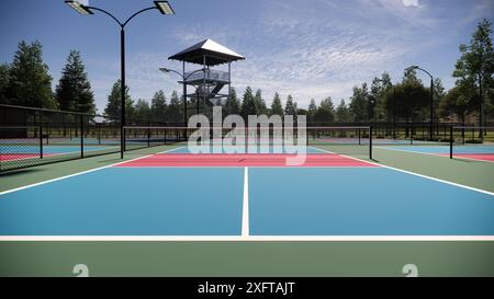 Une vue sur des terrains de pickleball vides avec des planchers dans un mélange de couleurs rouge, bleu et vert avec des lignes blanches, entouré d'arbres, et avec des lumières, fen Banque D'Images