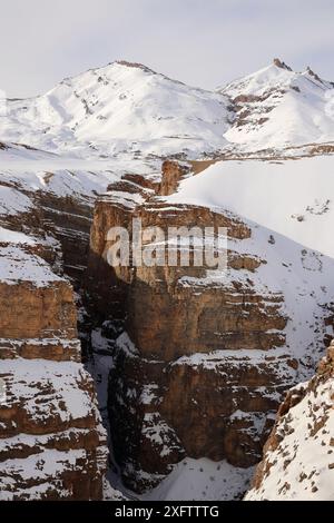 Canyon profond de Chicham avec neige, vallée de Spiti, réserve de biosphère du désert froid, montagnes de l'Himalaya, Himachal Pradesh, Inde, février 2017. Banque D'Images