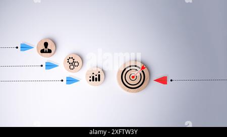 Avion rouge volant vers la cible, le concept de leadership, la réalisation de l'objectif, le succès, la gestion des risques, le concept de volatilité dans les affaires et inv Banque D'Images