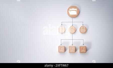 Icône de document qui imprime l'écran sur un bloc de cube en bois pour préparer, vérifier et approuver le document , assurance qualité et concept de garantie ISO, document m Banque D'Images