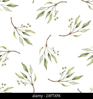 Motif sans couture avec feuilles d'eucalyptus vert et baie verte. Imprimé naturel botanique pour un design textile. Illustration isolée à l'aquarelle sur blanc Banque D'Images