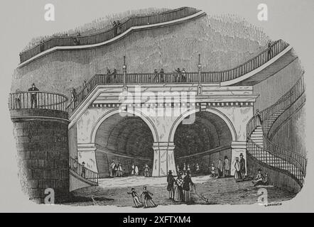 Londres, Angleterre. Tunnel de la Tamise. Galerie traversant sous la Tamise, reliant les arrondissements de Rotherhithe et Wapping. Il a été construit entre 1825 et 1843 par Marc Brunel (1769-1849) et son fils Isambard Kingdom Brunel (1806-1859). Ouvert le 25 mars 1843. Entrée Rotherhithe. Gravure de Cabanach. 'Los Héroes y las Grandezas de la Tierra' (les héros et les grandeurs de la Terre). Volume VIII 1856. Banque D'Images