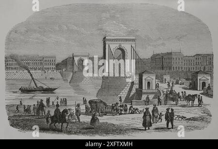 Hongrie. Pont de chaîne. Pont sur le Danube qui reliait les deux villes de Buda et Pest. Il a été conçu par l'ingénieur anglais William Tierney Clark (1783-1852) et construit par l'ingénieur écossais Adam Clark (1811-1866). La construction a commencé en 1839 et il a été inauguré le 20 novembre 1849. Gravure. 'Los Héroes y las Grandezas de la Tierra' (les héros et les grandeurs de la Terre). Volume VIII 1856. Banque D'Images