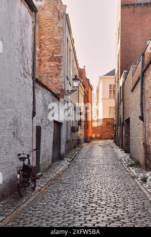 30-10-2014 Bruxelles, Belgique - Une étroite ruelle pavée à Bruges avec un vélo appuyé contre le mur Banque D'Images