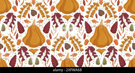 Motif sans couture avec de grandes courges butternut entourées de diverses feuilles d'automne, glands et baies. Couleurs chaudes d'automne comme l'orange, le marron et le Bordeaux. Motif saisonnier festif et confortable Illustration de Vecteur