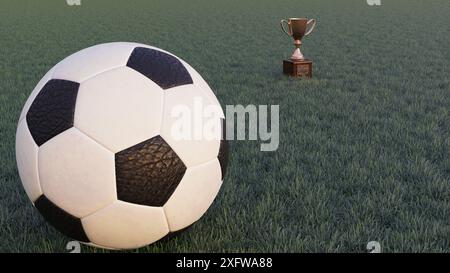 Rendu 3D d'un ballon de football et d'une coupe en or debout sur un terrain de football. Banque D'Images