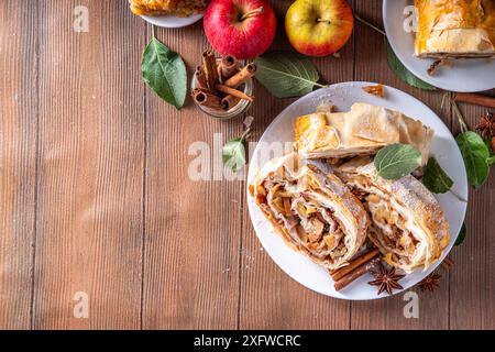 Strudel de pomme d'automne parfumé maison avec pommes caramélisées, raisins secs, noix, miel, épices de cannelle, sur l'assiette sur la table de cuisine copier l'espace Banque D'Images