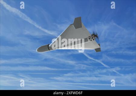 Drone kamikaze militaire dans le ciel sur fond de traînées de missiles et de nuages, attaque de drone. Banque D'Images