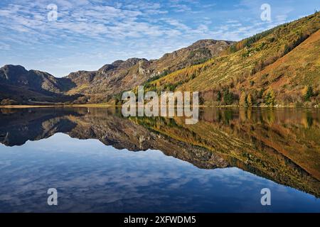 Llyn Crafnant, bordure nord de la forêt de Gwydir, avec vue sud-ouest à Craig Wen. Près de Llanwrst, parc national de Snowdonia, nord du pays de Galles, Royaume-Uni. Octobre 2017. Banque D'Images