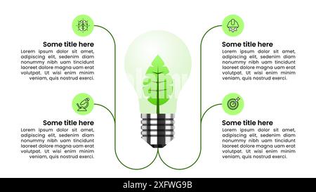 Modèle d'infographie avec icônes et 4 options ou étapes. Ampoule verte. Peut être utilisé pour la mise en page de flux de travail, diagramme, bannière, webdesign. Illustration vectorielle Illustration de Vecteur