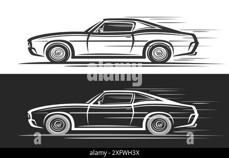 Logo vectoriel pour la voiture de muscle, bannières automobiles horizontales avec illustration de la voiture de muscle de style classique en mouvement, illustration décorative de monoc en cours d'exécution Illustration de Vecteur