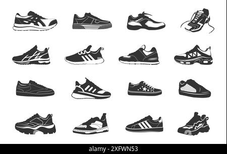 Silhouette de sneakers, silhouette de sneakers de sport, clipart de sneakers, silhouette de sneakers en cours d'exécution, vecteur de sneakers. Illustration de Vecteur