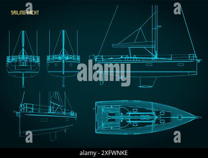 Illustration vectorielle stylisée de dessins techniques d'un yacht à voile Illustration de Vecteur