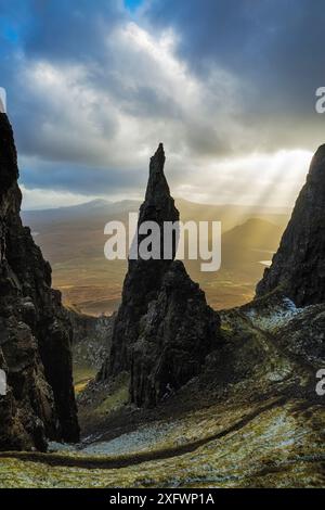 The Needle, Quiraing, Péninsule Trotternish, Île de Skye, Hébrides intérieures, Écosse, Royaume-Uni. Janvier 2015. Banque D'Images