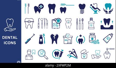 Jeu d'icônes dentaires. Brosse à dents, dent, dents, dentiste, dentifrice, et de dentisterie. Illustration de Vecteur