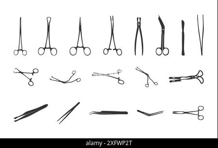 Silhouette d'instruments chirurgicaux, silhouette de forceps chirurgicaux, silhouettes d'instruments de chirurgien, silhouette de forceps médicaux Illustration de Vecteur