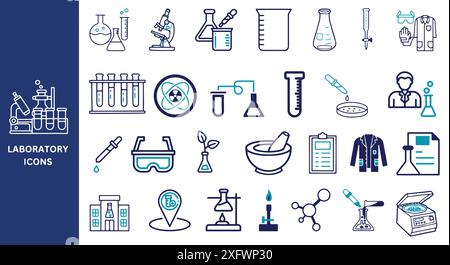 Jeu d'icônes de laboratoire. Jeu d'icônes scientifiques. Expérience scientifique, scientifique, recherche, physique, icônes. Illustration vectorielle. Illustration de Vecteur