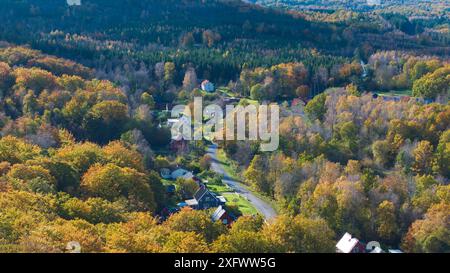 Vue en angle élevé des arbres et des maisons d'automne Banque D'Images