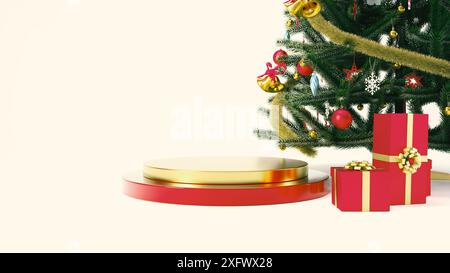 Podium de Noël avec des couleurs rouge et or et cadeaux de la veille du nouvel an sur fond blanc. Socle de concept de veille de Noël pour l'affichage de produit, rendu 3D. Banque D'Images