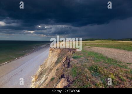 Chalets côtiers et chemin à Weybourne, Norfolk, Angleterre, Royaume-Uni, juillet. Banque D'Images