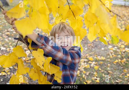 garçon joyeux parmi les feuilles jaunes, souriant. Ambiance automnale lumineuse de joie. Enfants dans la nature, été indien. Bonjour, automne. photo atmosphérique saisonnière Banque D'Images