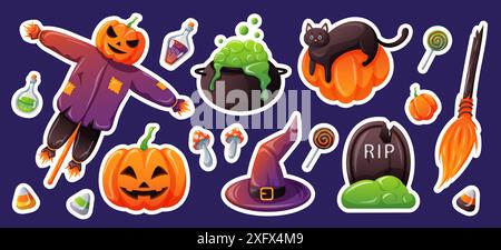 Ensemble d'Halloween dans le style de dessin animé. Icônes chapeau, bonbons, citrouille, chaudron, pierre tombale, chat, potion. Conception pour carte de voeux, invitation de fête, affiche Illustration de Vecteur