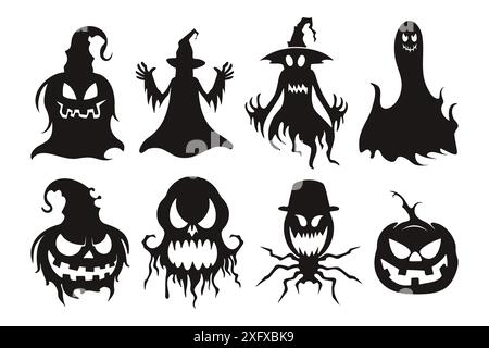 Ensemble de silhouettes d'éléments de décoration d'halloween. Fantômes effrayants, visage de citrouille, sorcière et monstres Illustration de Vecteur