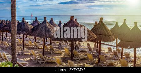 Parasols de chaume panoramiques sous le soleil des Caraïbes sur une plage de sable blanc et doré des Caraïbes, lieu idéal et paysage pour partir en vacances et Banque D'Images