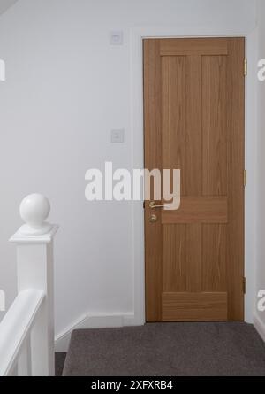 Portes intérieures lambrissées en bois, meubles en laiton et murs peints en blanc. Partie d'une rénovation de maison. Banque D'Images