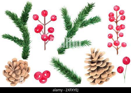 Branches et cônes de pin aquarelle isolés sur fond blanc. Décorations de Noël clipart. Ensemble floral pour scrapbooking, cartes de voeux, invitatio Banque D'Images