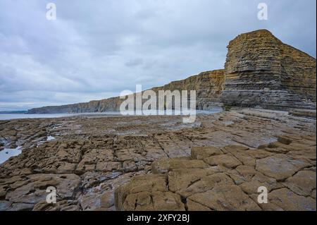 Côte rocheuse, pierre, plage, mer, ciel, Summer, Nash point, Marcross, Lantwit Major, Glamorgan Heritage Coast, pays de Galles, Royaume-Uni Banque D'Images