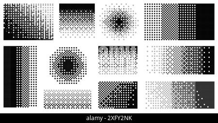 Gradient de décroissance des pixels. Effet de fondu géométrique abstrait avec des formes géométriques, des carrés mobiles et des points. Explosion et fragmentation de particules vectorielles. Illustration de Vecteur