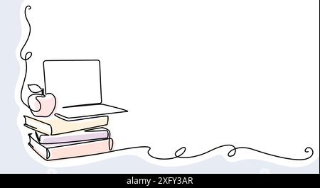 Les livres s'empilent avec le carnet et la pomme. Cadre d'angle. Illustration de Vecteur