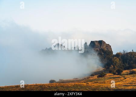 Monument naturel Helfensteine dans la réserve naturelle Dörnberg au lever du soleil avec brouillard matinal, quartier de Kassel, Hesse, Allemagne Banque D'Images