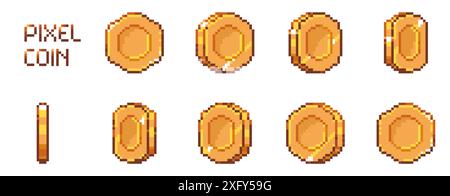 Animation de pièces de monnaie Pixel art. Rétro 8 bits Golden coins sprite asset, vintage pixel art coin arcade jeu bonus et récompense, actif 2D de dessin animé. Vecteur Illustration de Vecteur