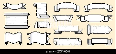 Cadre de défilement des pixels. Cadres de défilement des actifs de jeu vidéo rétro, papier parchemin ancien vierge pour la carte et le texte, design de sprite. Pixel de bannière 8 bits vectoriel Illustration de Vecteur