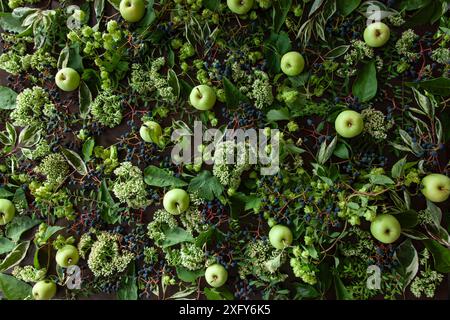 Arrangement floral de fleurs et de plantes du jardin, de vigne sauvage, de houblon, de crevette et de pommes Banque D'Images