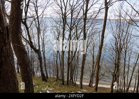 Randonnée dans la vallée printanière hivernale avec vue sur la mer Baltique Banque D'Images