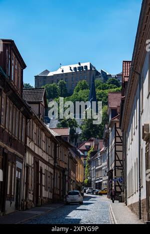 Château de Blankenburg, maisons à colombages, vieille ville, Blankenburg, Saxe-Anhalt, Allemagne Banque D'Images