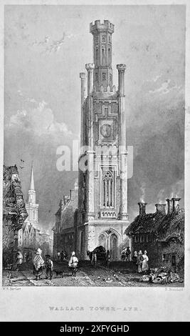 Wallace Tower, Ayr, Écosse, gravure vintage de 1840 Banque D'Images