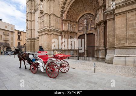 Calèche devant le portail principal de la Cathédrale de Palma, Cathédrale de dotée Mary, Palma, Majorque, Îles Baléares, Espagne, Europe Banque D'Images
