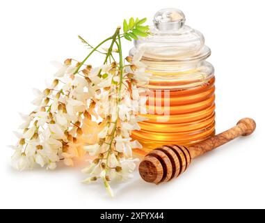 Miel biologique naturel dans un pot en verre, plante de miel fleurs d'acacia et feuilles près de lui isolé sur fond blanc. Banque D'Images