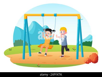 Happy Cartoon Kids jouant sur un swing, fille et garçon jouant ensemble dans un Art vectoriel de terrain de jeu Illustration de Vecteur