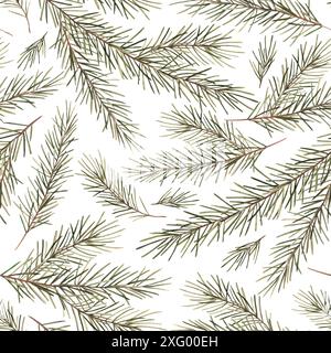 Motif de branches de sapin. Illustration botanique aquarelle de Noël dessinée à la main sur un fond blanc. Dessin pour les vacances de Noël et du nouvel an, in Banque D'Images